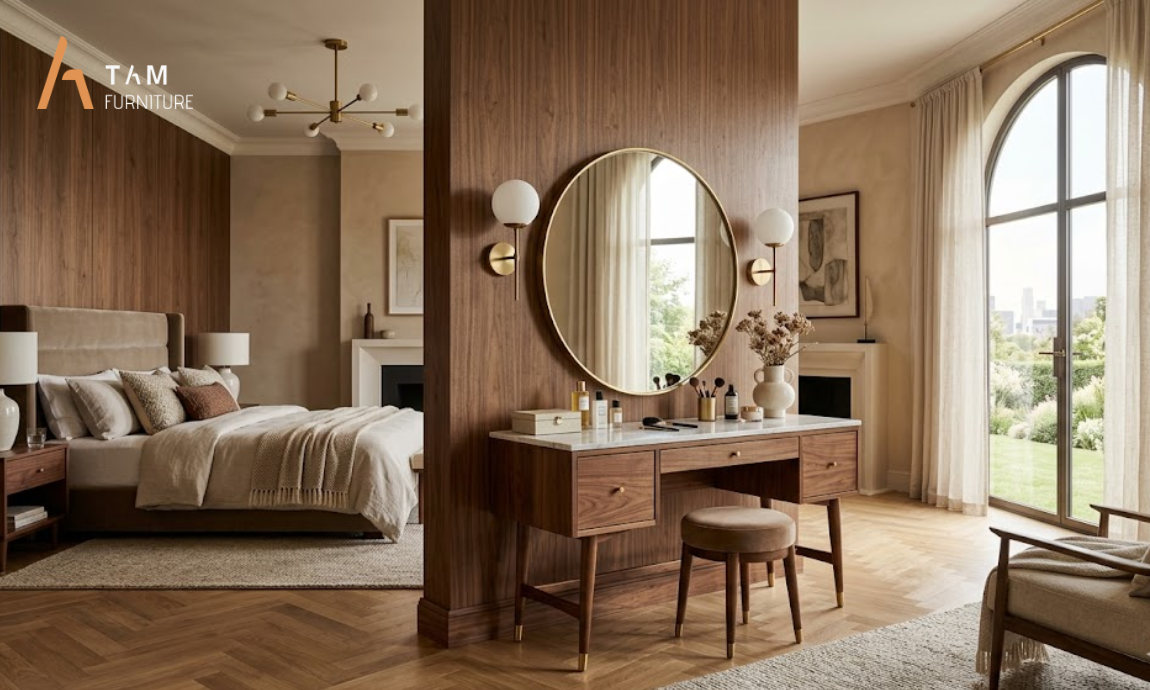 Bàn Trang Điểm Gỗ Tần Bì TAM Furniture: Xịn Xò, Gầm Cao Để Robot Hút Bụi Chui Thoải Mái Luôn Nè