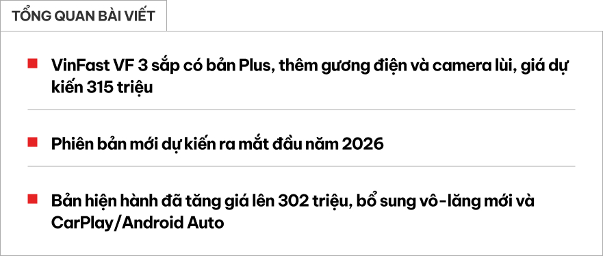 VinFast VF 3 sắp có bản Plus xịn hơn: 315 triệu thêm gương điện, camera lùi, chủ xe khỏi tốn tiền độ nữa