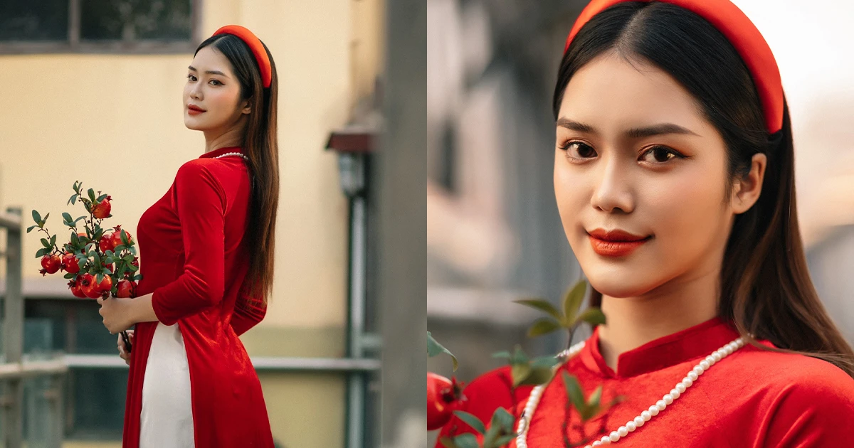 Nữ sinh Tài chính xinh xắn diện áo dài tươi rói đón Tết cực chill